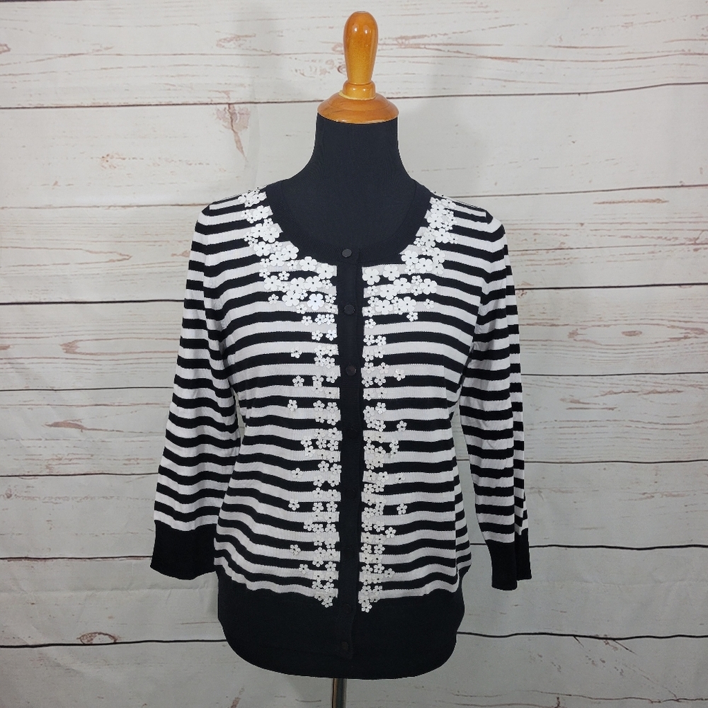 Talbots Striped Floral Sequin Embellished Cardigan